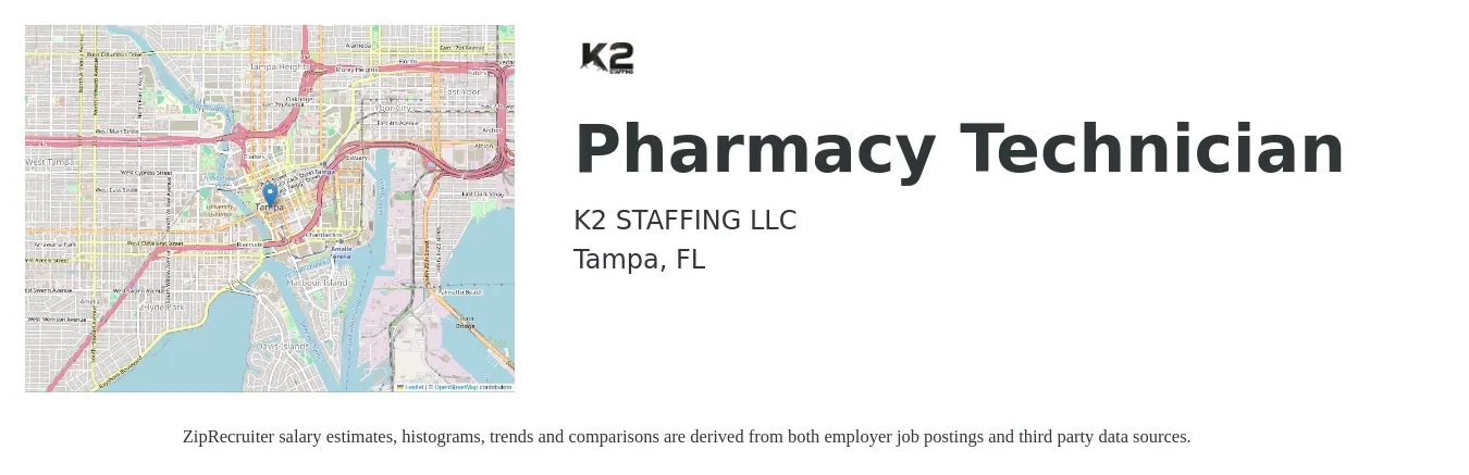 K2 STAFFING LLC job posting for a Pharmacy Technician in Tampa, FL with a salary of $16 to $20 Hourly with a map of Tampa location.