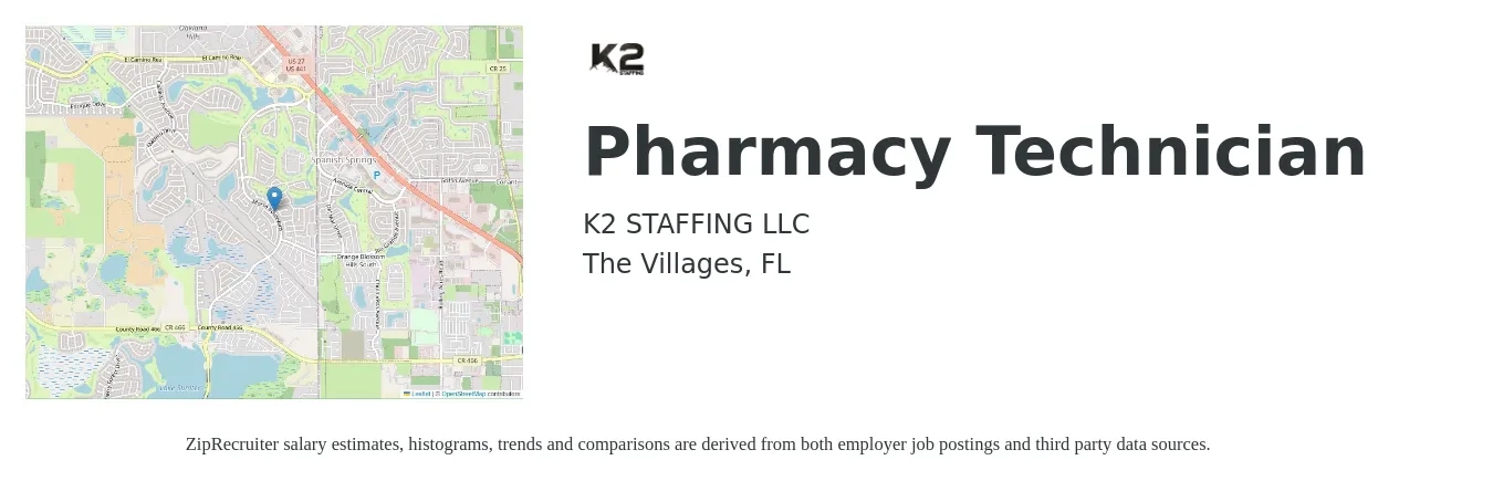 K2 STAFFING LLC job posting for a Pharmacy Technician in The Villages, FL with a salary of $15 to $19 Hourly with a map of The Villages location.