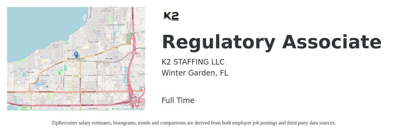 K2 STAFFING LLC job posting for a Regulatory Associate in Winter Garden, FL with a salary of $22 to $35 Hourly with a map of Winter Garden location.