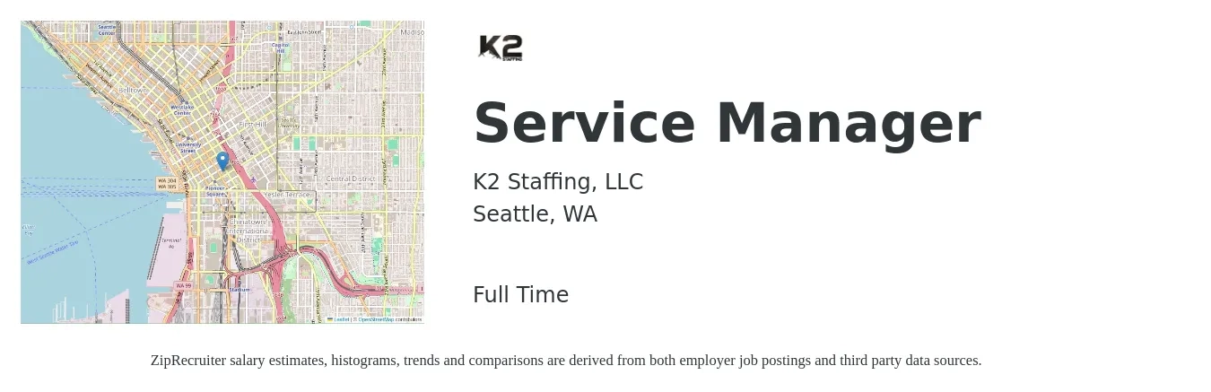 K2 Staffing job posting for a Service Manager in Seattle, WA with a salary of $59,200 to $91,600 Yearly with a map of Seattle location.