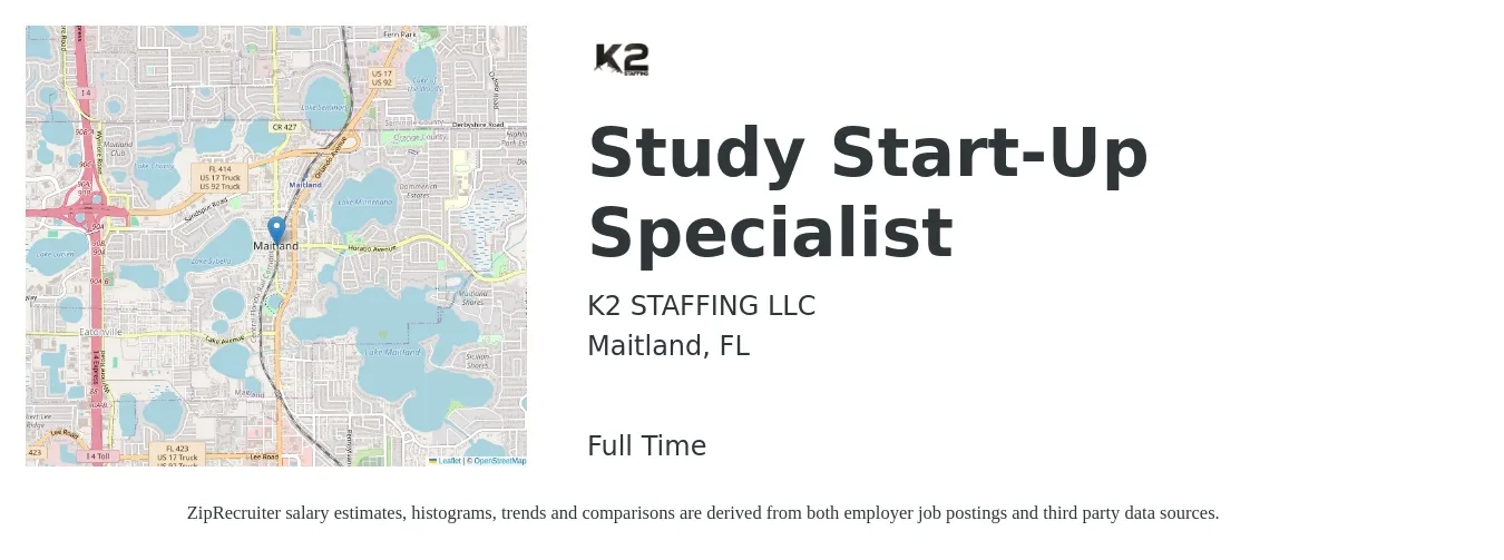 K2 STAFFING LLC job posting for a Study Start-Up Specialist in Maitland, FL with a salary of $25 to $31 Hourly with a map of Maitland location.