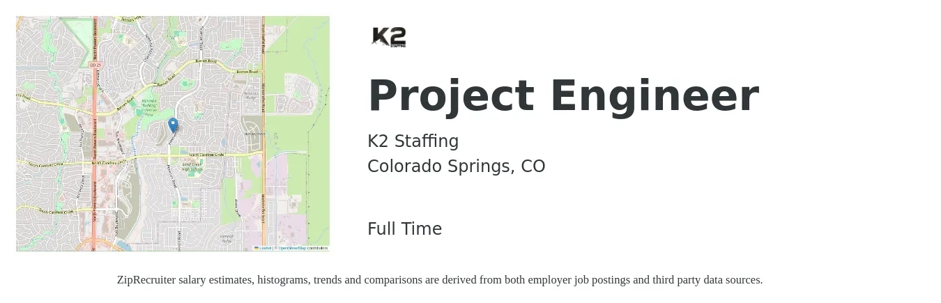 K2 Staffing job posting for a Project Engineer in Colorado Springs, CO with a salary of $72,900 to $102,000 Yearly with a map of Colorado Springs location.
