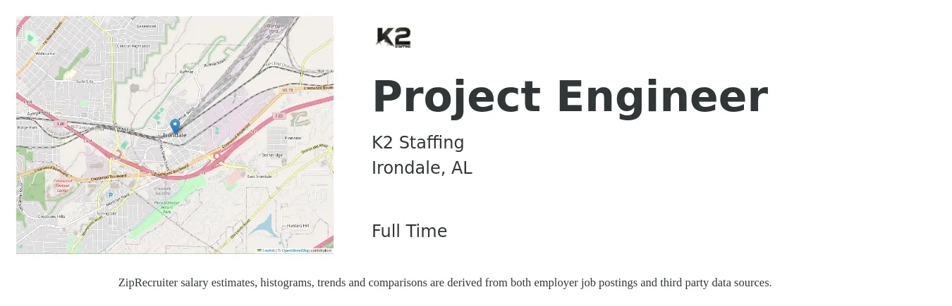 K2 Staffing job posting for a Project Engineer in Irondale, AL with a salary of $62,500 to $87,400 Yearly with a map of Irondale location.