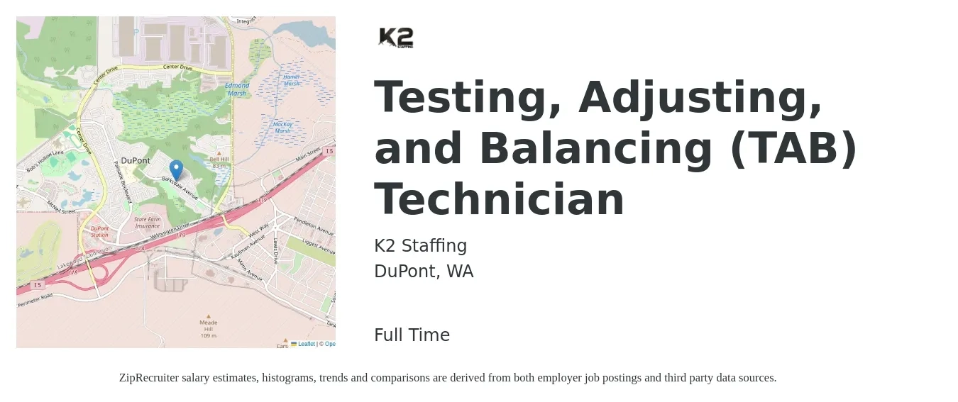 K2 Staffing job posting for a Testing, Adjusting, and Balancing (TAB) Technician in DuPont, WA with a salary of $20 to $29 Hourly with a map of DuPont location.