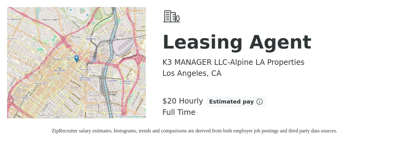 K3 MANAGER LLC-Alpine LA Properties job posting for a Leasing Agent in Los Angeles, CA with a salary of $21 Hourly with a map of Los Angeles location.