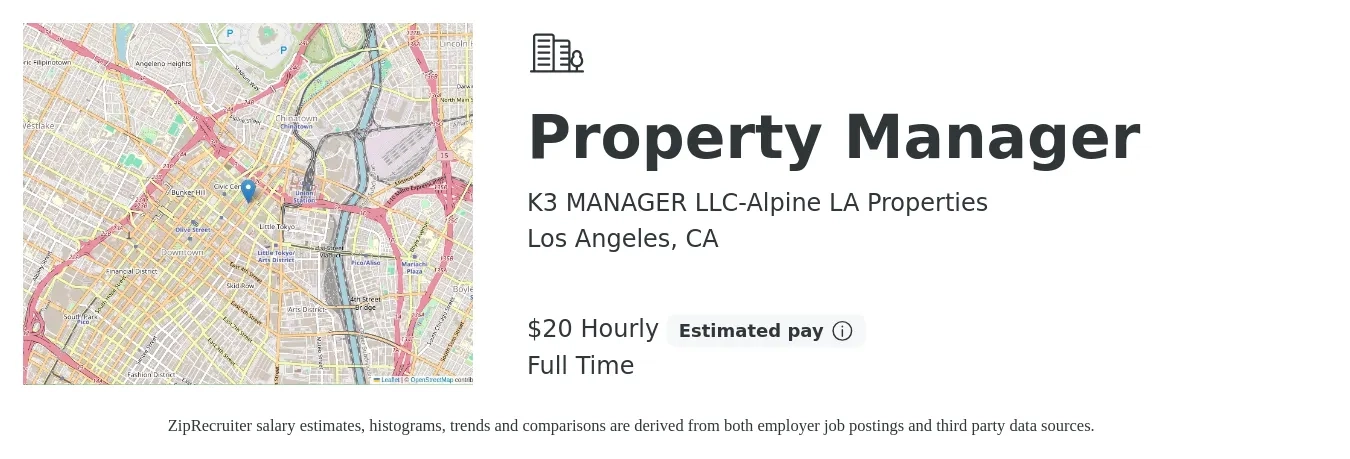 K3 MANAGER LLC-Alpine LA Properties job posting for a Property Manager in Los Angeles, CA with a salary of $21 Hourly with a map of Los Angeles location.