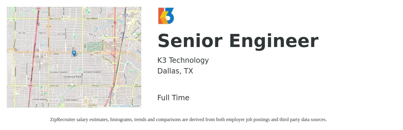 K3 Technology job posting for a Senior Engineer in Dallas, TX with a salary of $75,000 to $100,000 Yearly with a map of Dallas location.