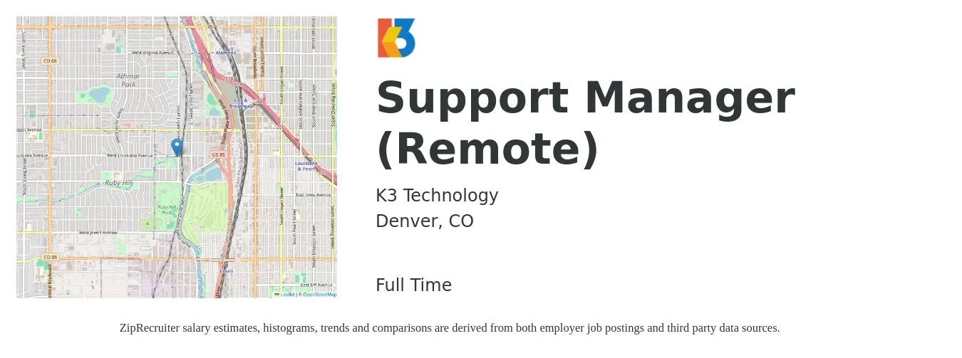 K3 Technology job posting for a Support Manager (Remote) in Denver, CO with a salary of $80,000 to $105,000 Yearly with a map of Denver location.