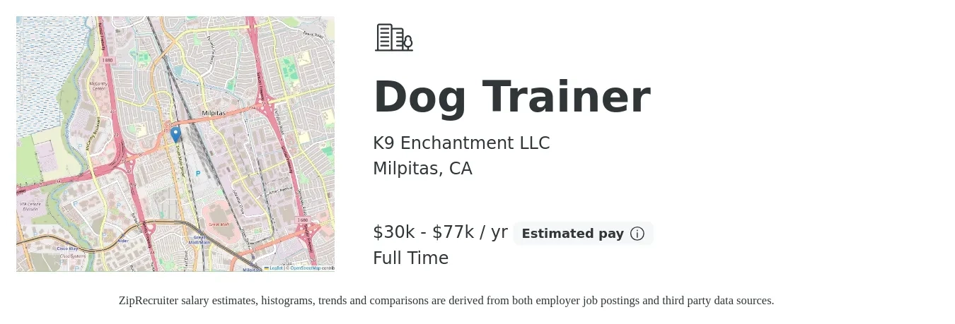 K9 Enchantment LLC job posting for a Dog Trainer in Milpitas, CA with a salary of $30,000 to $77,998 Yearly and benefits including retirement with a map of Milpitas location.