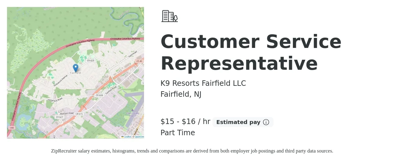 K9 Resorts Fairfield LLC job posting for a Customer Service Representative in Fairfield, NJ with a salary of $16 to $18 Hourly with a map of Fairfield location.