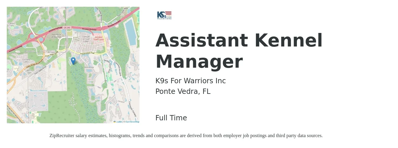 K9s For Warriors Inc job posting for a Assistant Kennel Manager in Ponte Vedra, FL with a salary of $55,000 Yearly with a map of Ponte Vedra location.