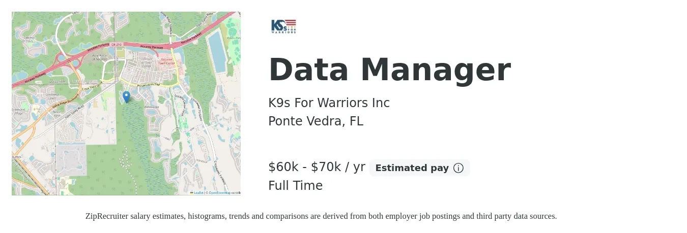 K9s For Warriors Inc job posting for a Data Manager in Ponte Vedra, FL with a salary of $60,000 to $70,000 Yearly with a map of Ponte Vedra location.