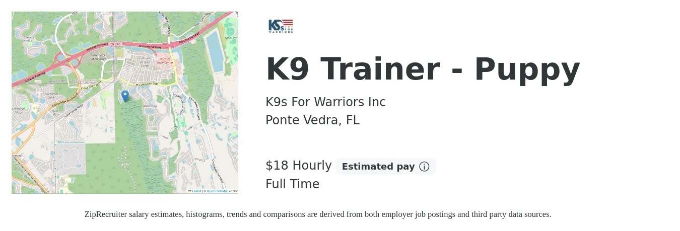 K9s For Warriors Inc job posting for a K9 Trainer - Puppy in Ponte Vedra, FL with a salary of $19 Hourly with a map of Ponte Vedra location.