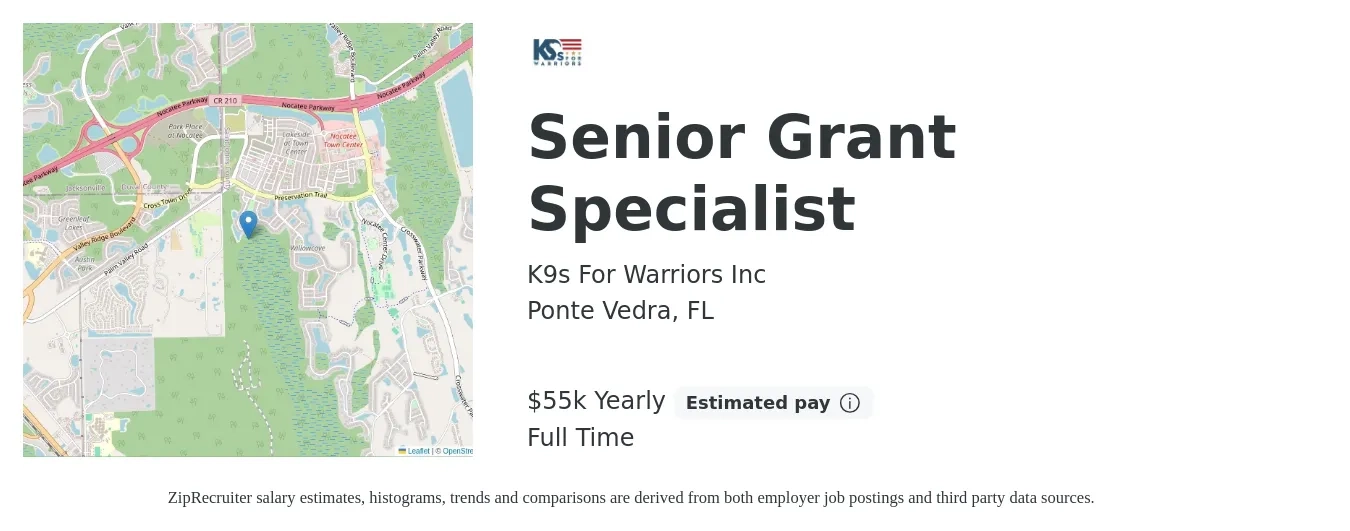 K9s For Warriors Inc job posting for a Senior Grant Specialist in Ponte Vedra, FL with a salary of $55,000 Yearly with a map of Ponte Vedra location.
