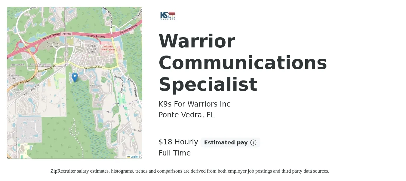 K9s For Warriors Inc job posting for a Warrior Communications Specialist in Ponte Vedra, FL with a salary of $19 Hourly with a map of Ponte Vedra location.