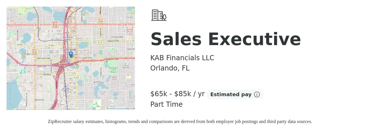 KAB Financials LLC job posting for a Sales Executive in Orlando, FL with a salary of $65,000 to $85,000 Yearly with a map of Orlando location.