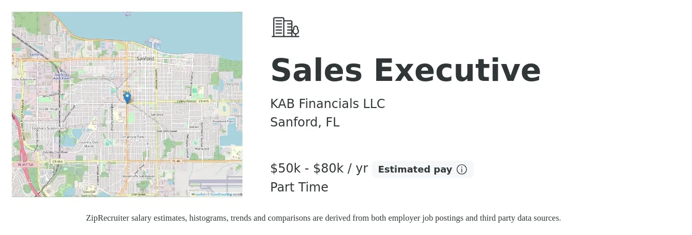 KAB Financials LLC job posting for a Sales Executive in Sanford, FL with a salary of $50,000 to $80,000 Yearly with a map of Sanford location.