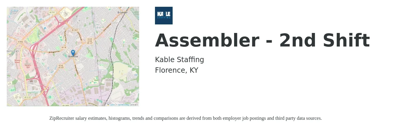 Kable Staffing job posting for a Assembler - 2nd Shift in Florence, KY with a salary of $16 to $20 Hourly with a map of Florence location.