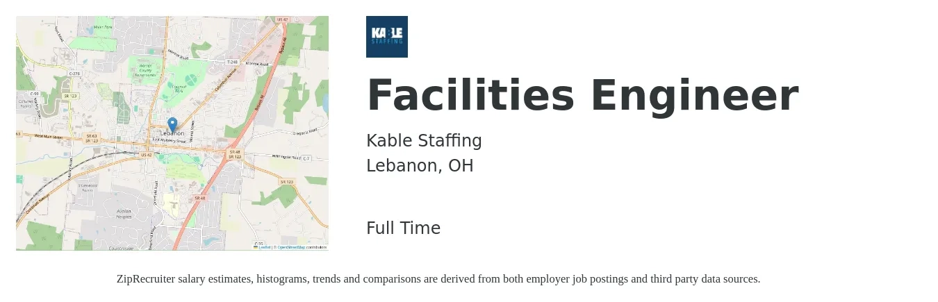 Kable Staffing job posting for a Facilities Engineer in Lebanon, OH with a salary of $66,200 to $96,800 Yearly with a map of Lebanon location.