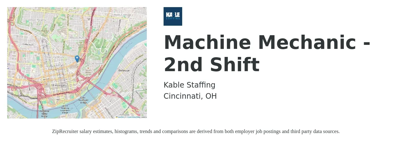 Kable Staffing job posting for a Machine Mechanic - 2nd Shift in Cincinnati, OH with a salary of $22 to $31 Hourly with a map of Cincinnati location.