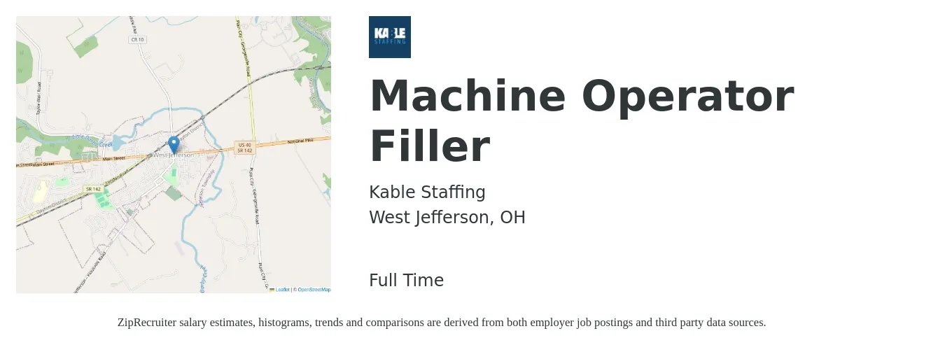 Kable Staffing job posting for a Machine Operator Filler in West Jefferson, OH with a salary of $17 to $21 Hourly with a map of West Jefferson location.