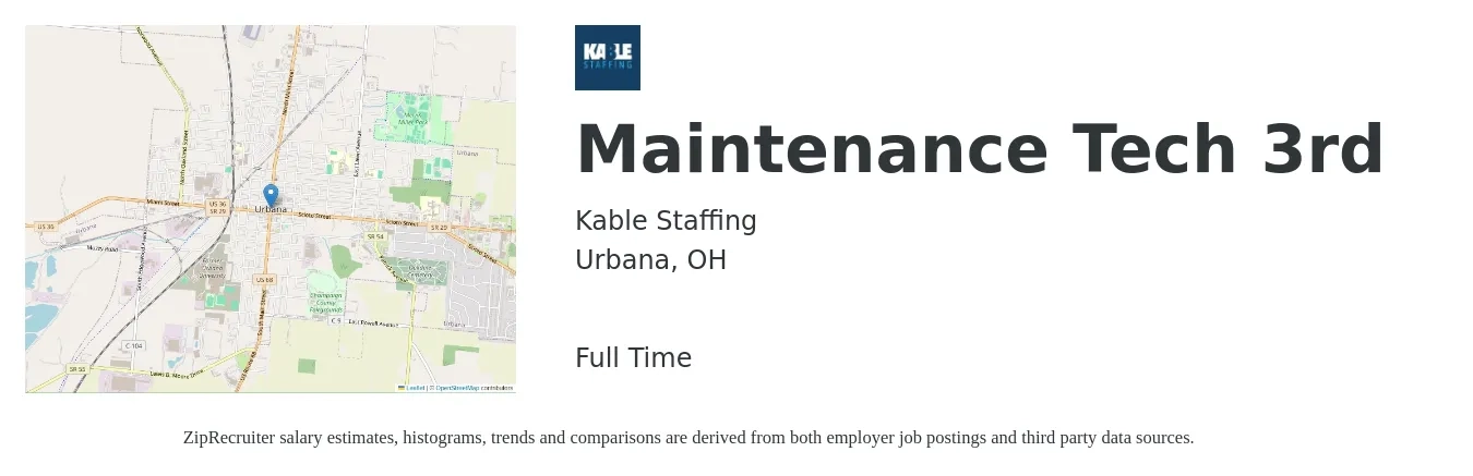 Kable Staffing job posting for a Maintenance Tech 3rd in Urbana, OH with a salary of $18 to $25 Hourly with a map of Urbana location.