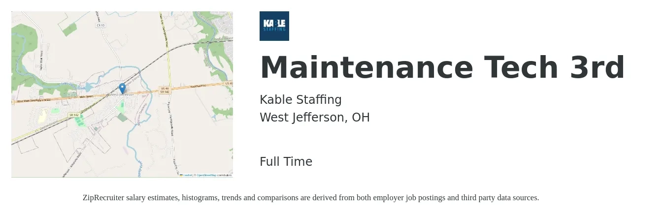 Kable Staffing job posting for a Maintenance Tech 3rd in West Jefferson, OH with a salary of $19 to $27 Hourly with a map of West Jefferson location.