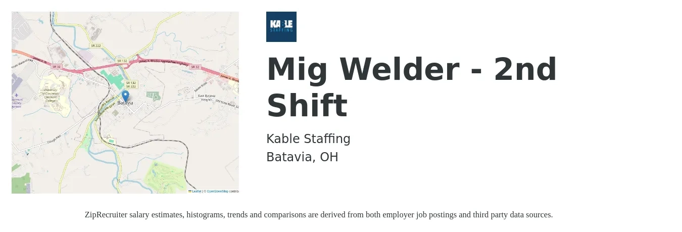 Kable Staffing job posting for a Mig Welder - 2nd Shift in Batavia, OH with a salary of $17 to $21 Hourly with a map of Batavia location.