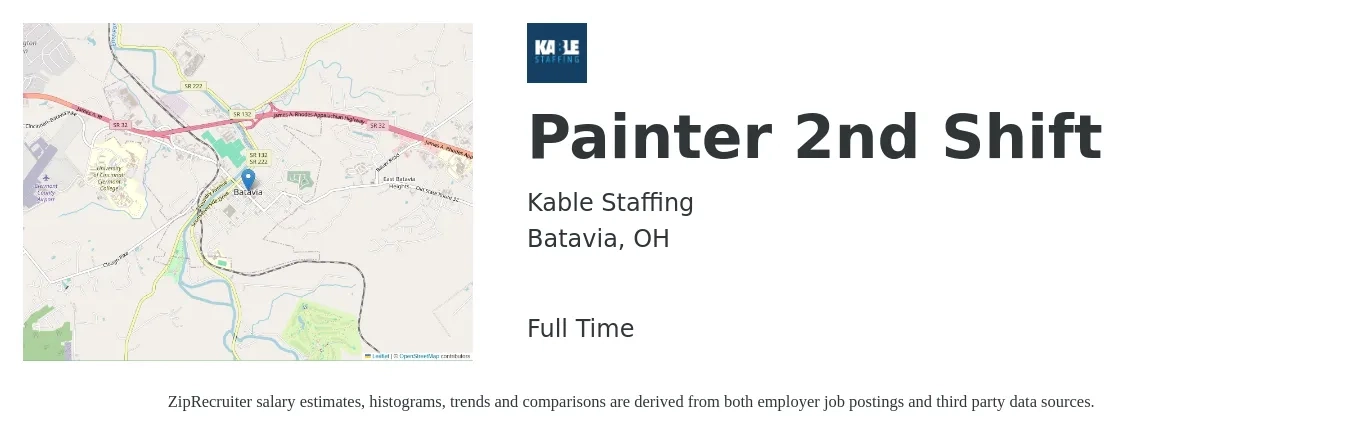 Kable Staffing job posting for a Painter 2nd Shift in Batavia, OH with a salary of $17 to $23 Hourly with a map of Batavia location.