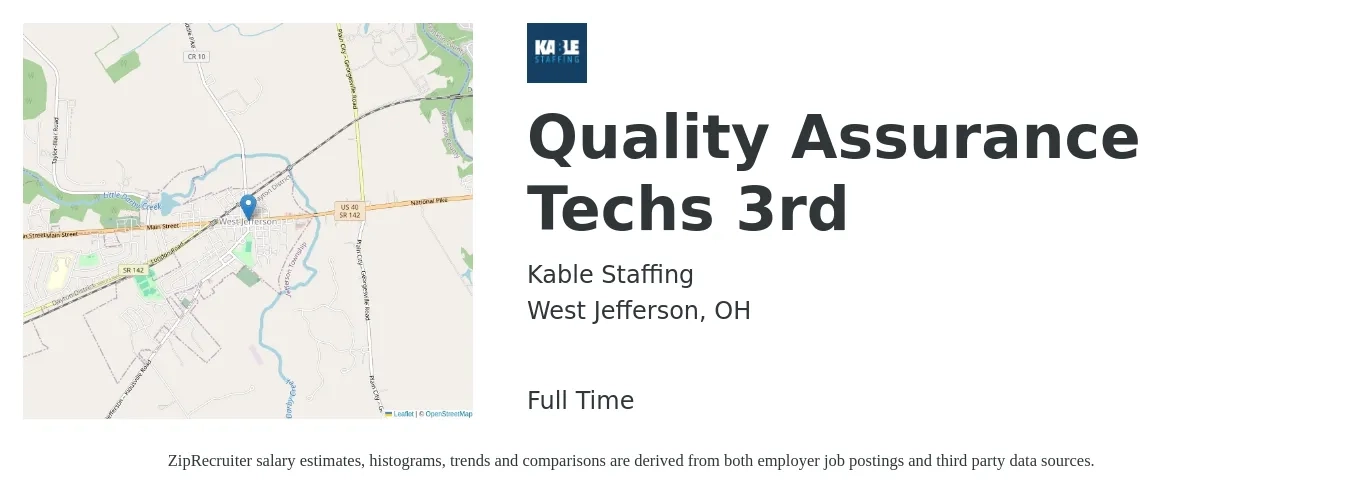 Kable Staffing job posting for a Quality Assurance Techs 3rd in West Jefferson, OH with a salary of $18 to $25 Hourly with a map of West Jefferson location.