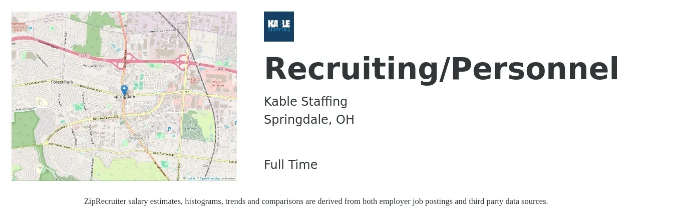 Kable Staffing job posting for a Recruiting/Personnel in Springdale, OH with a salary of $14 to $18 Hourly with a map of Springdale location.