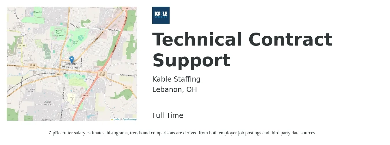 Kable Staffing job posting for a Technical Contract Support in Lebanon, OH with a salary of $34,200 to $42,900 Yearly with a map of Lebanon location.