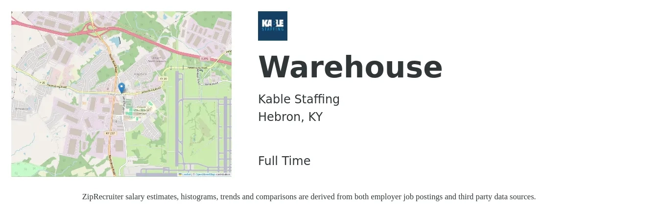 Kable Staffing job posting for a Warehouse in Hebron, KY with a salary of $16 to $18 Hourly with a map of Hebron location.