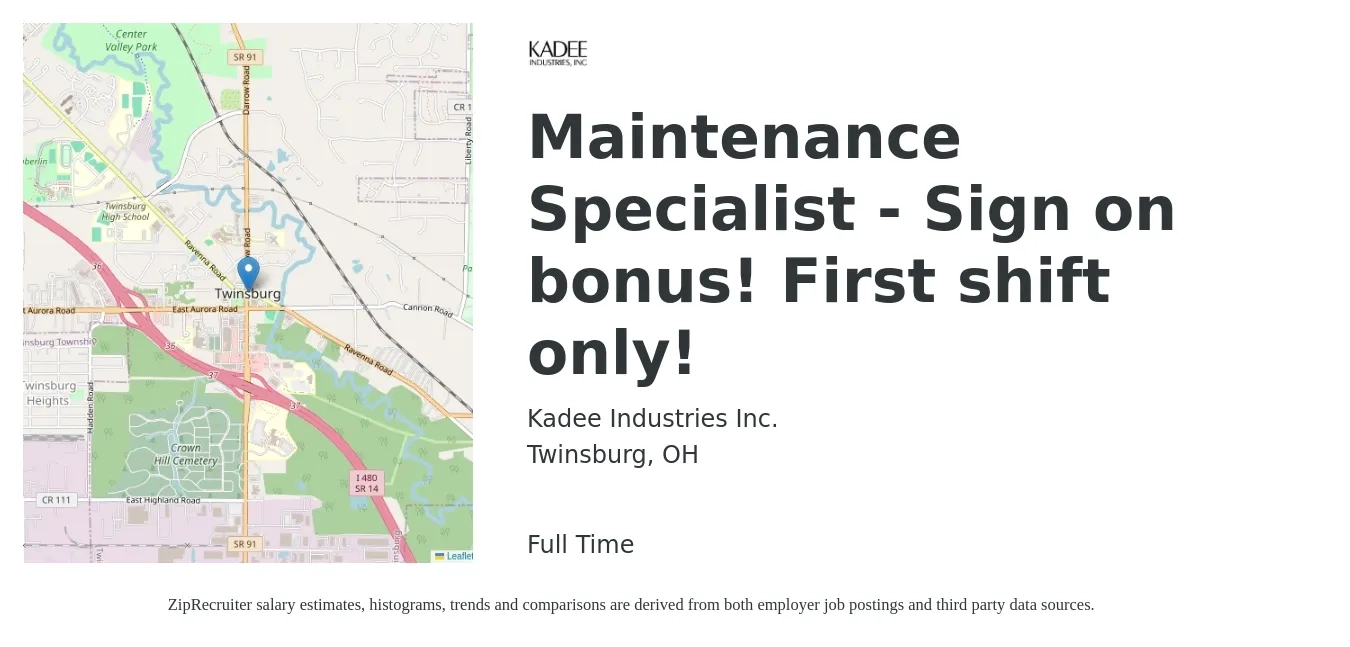 Kadee Industries Inc. job posting for a Maintenance Specialist - Sign on bonus! First shift only! in Twinsburg, OH with a salary of $28 to $32 Hourly with a map of Twinsburg location.