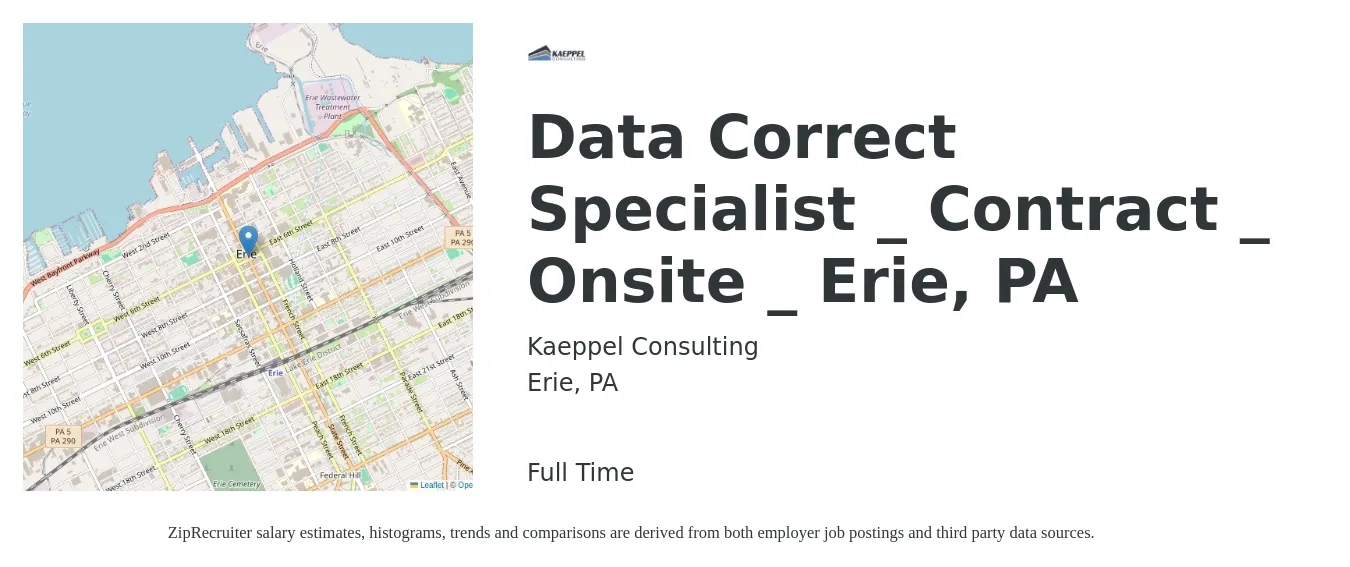 Kaeppel Consulting job posting for a Data Correct Specialist _ Contract _ Onsite _ Erie, PA in Erie, PA with a map of Erie location.