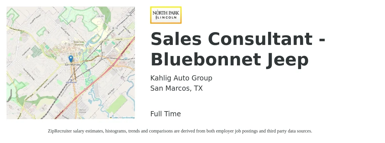 Kahlig Auto Group job posting for a Sales Consultant - Bluebonnet Jeep in San Marcos, TX with a salary of $37,100 to $72,400 Yearly with a map of San Marcos location.