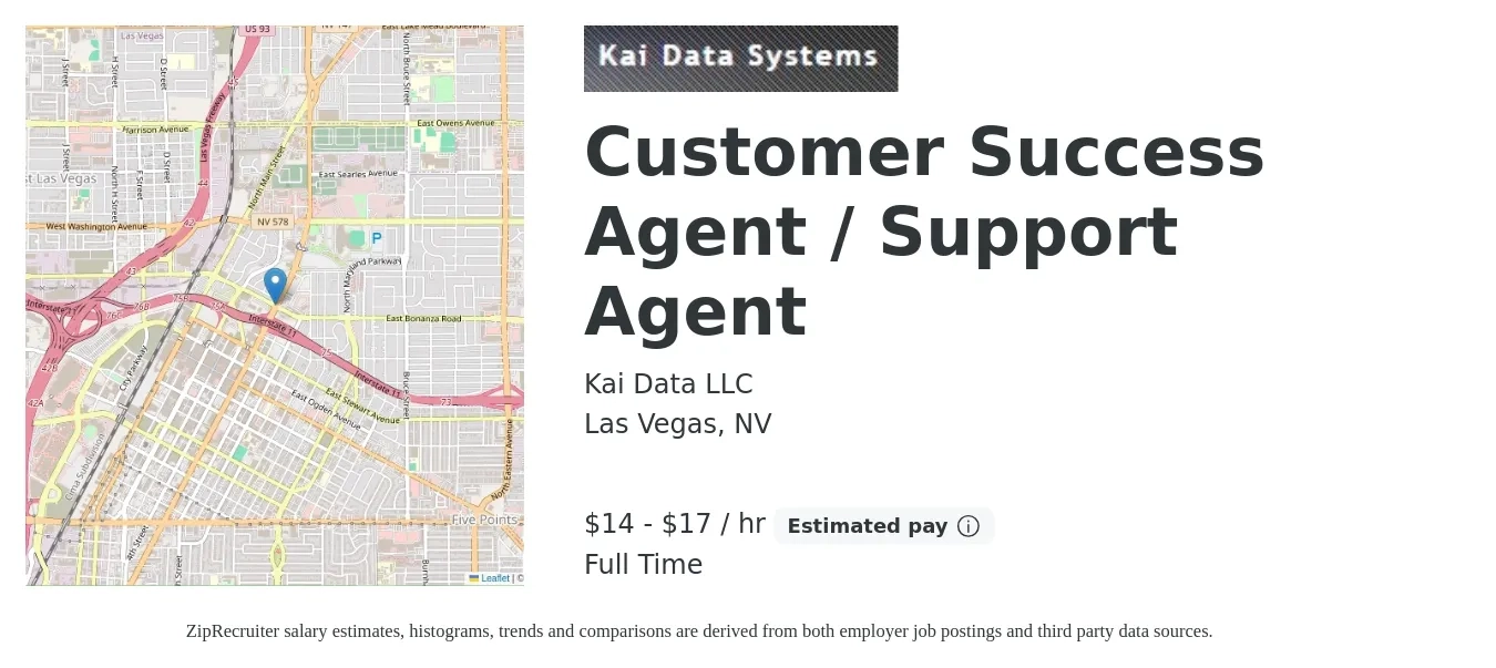 Kai Data LLC job posting for a Customer Success Agent / Support Agent in Las Vegas, NV with a salary of $15 to $18 Hourly and benefits including retirement with a map of Las Vegas location.