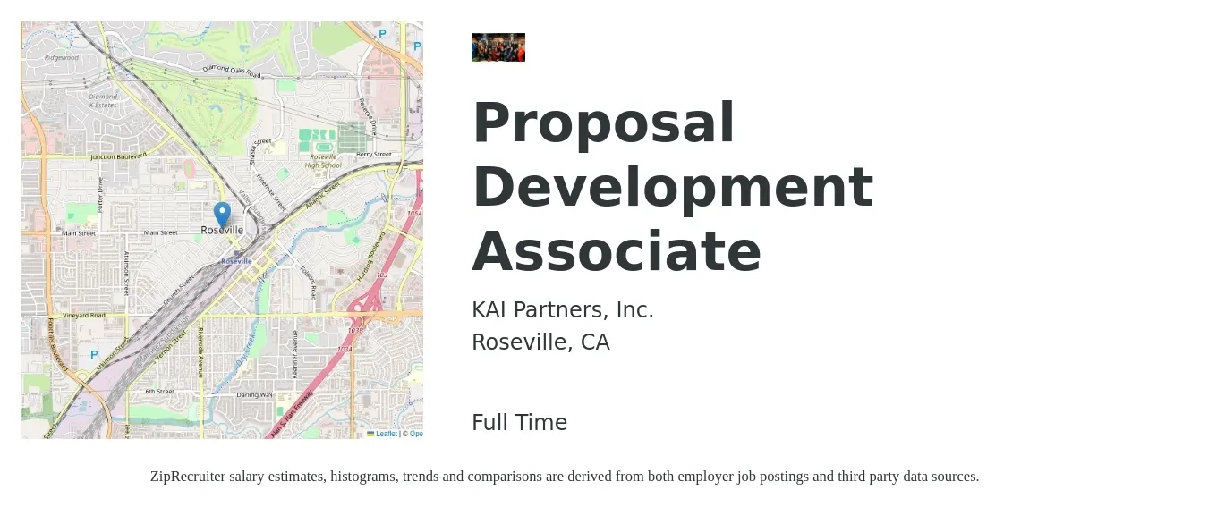 KAI Partners, Inc. job posting for a Proposal Development Associate in Roseville, CA with a salary of $68,000 to $93,000 Yearly with a map of Roseville location.