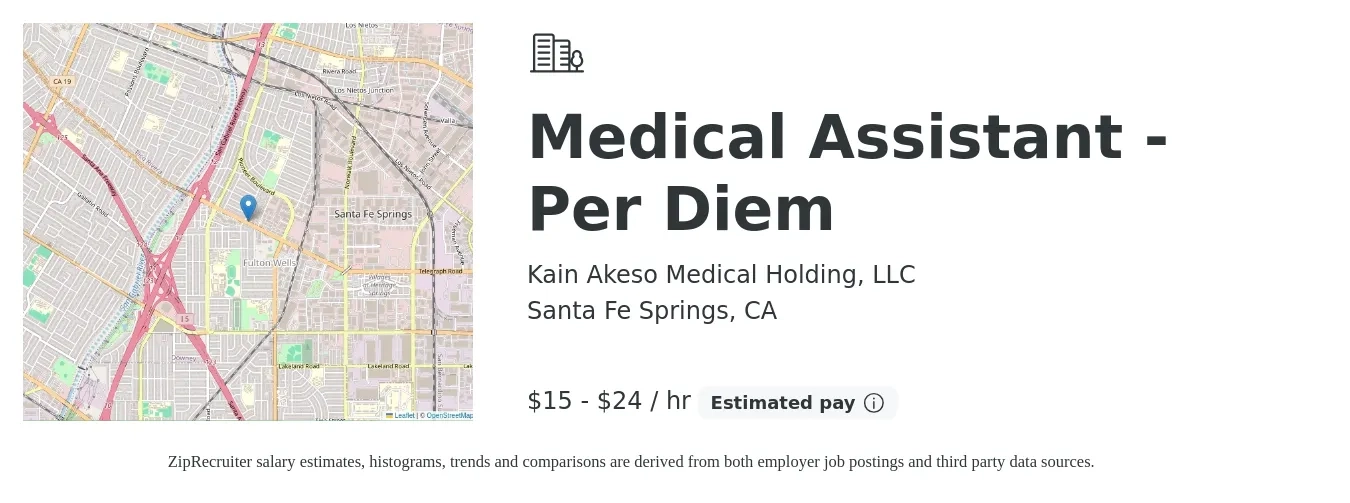 Kain Akeso Medical Holding, LLC job posting for a Medical Assistant - Per Diem in Santa Fe Springs, CA with a salary of $16 to $25 Hourly with a map of Santa Fe Springs location.