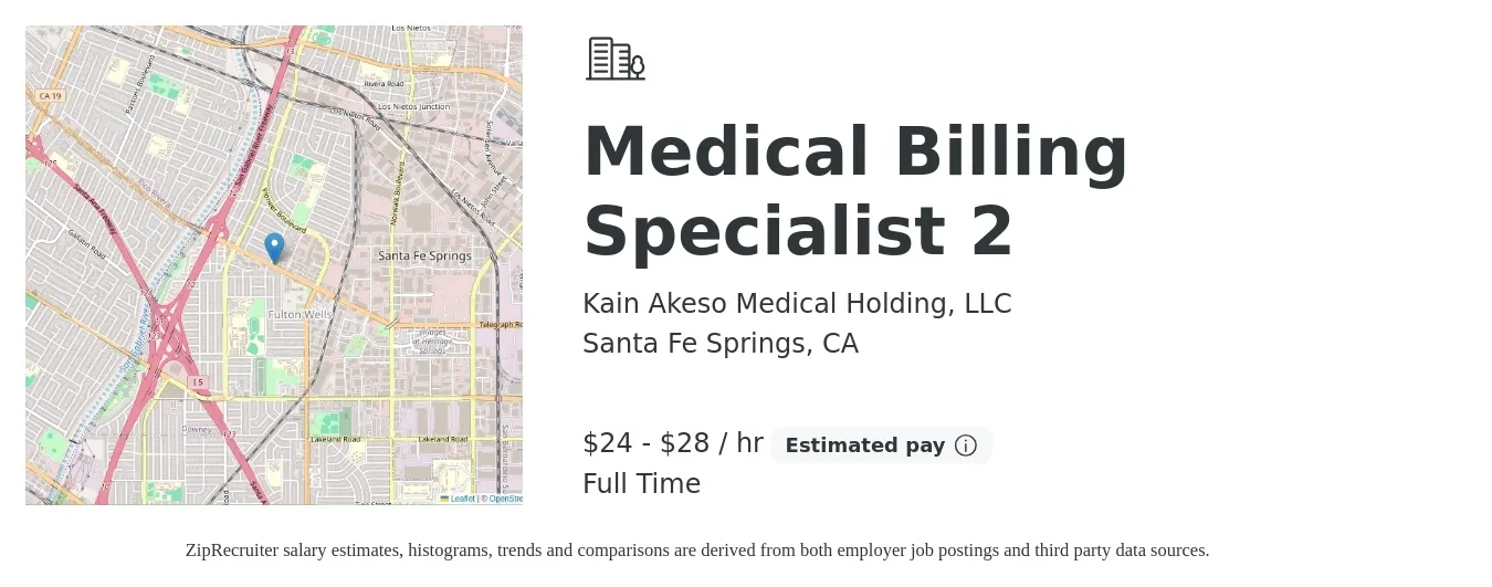 Kain Akeso Medical Holding, LLC job posting for a Medical Billing Specialist 2 in Santa Fe Springs, CA with a salary of $25 to $30 Hourly with a map of Santa Fe Springs location.