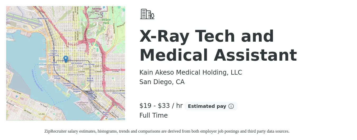 Kain Akeso Medical Holding, LLC job posting for a X-Ray Tech and Medical Assistant in San Diego, CA with a salary of $20 to $35 Hourly with a map of San Diego location.