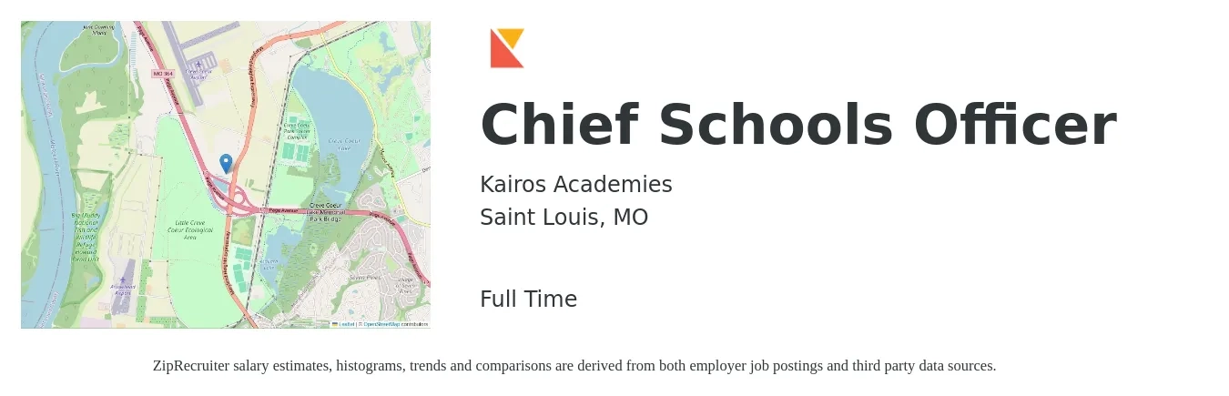 Kairos Academies job posting for a Chief Schools Officer in Saint Louis, MO with a salary of $104,500 to $173,400 Yearly with a map of Saint Louis location.