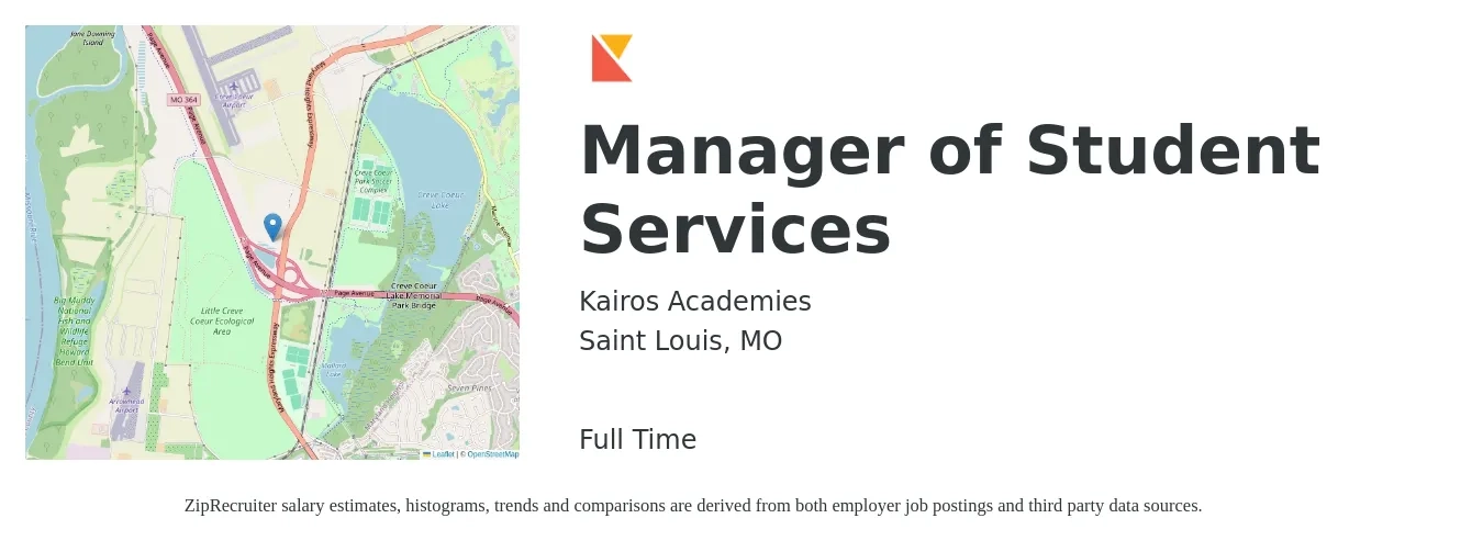 Kairos Academies job posting for a Manager of Student Services in Saint Louis, MO with a salary of $46,900 to $77,800 Yearly with a map of Saint Louis location.