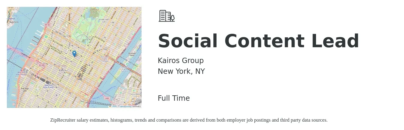 Kairos Group job posting for a Social Content Lead in New York, NY with a salary of $23 to $37 Hourly with a map of New York location.