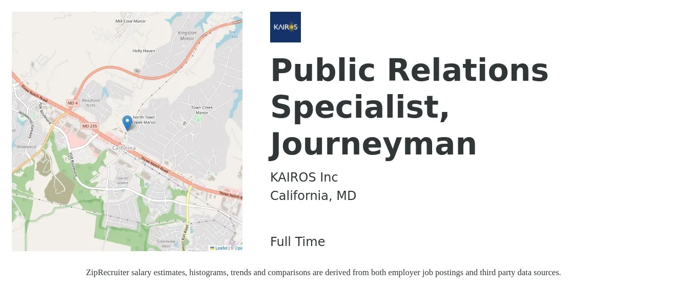 KAIROS Inc job posting for a Public Relations Specialist, Journeyman in California, MD with a salary of $49,800 to $70,900 Yearly with a map of California location.