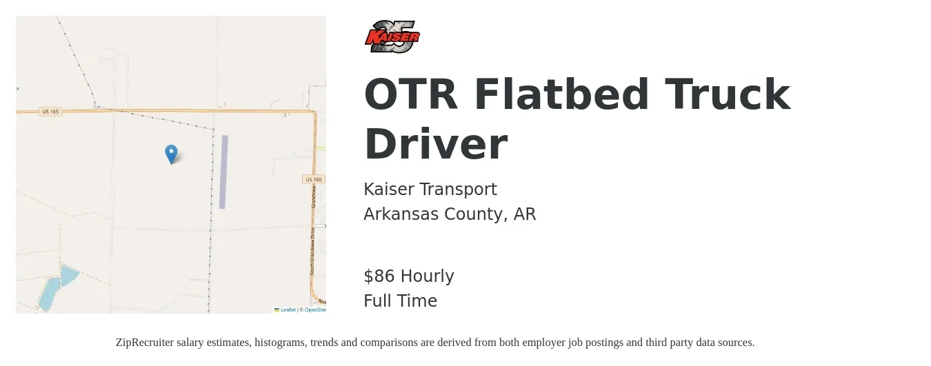 Kaiser Transport job posting for a OTR Flatbed Truck Driver in Arkansas County, AR with a salary of $90 Hourly with a map of Arkansas County location.