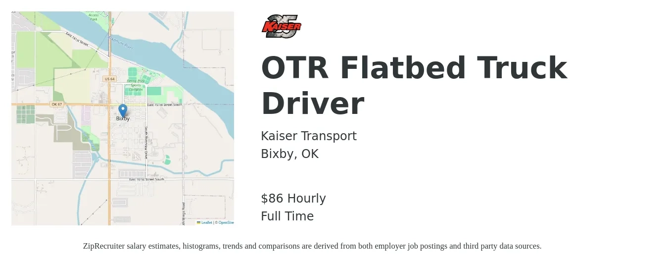 Kaiser Transport job posting for a OTR Flatbed Truck Driver in Bixby, OK with a salary of $90 Hourly with a map of Bixby location.