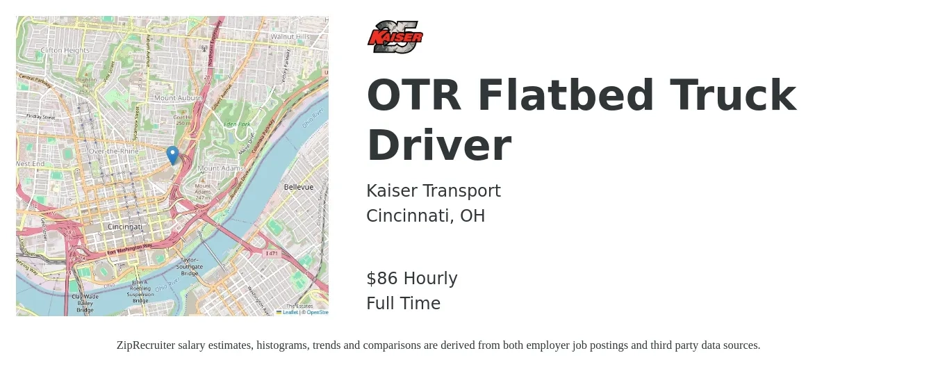 Kaiser Transport job posting for a OTR Flatbed Truck Driver in Cincinnati, OH with a salary of $90 Hourly with a map of Cincinnati location.