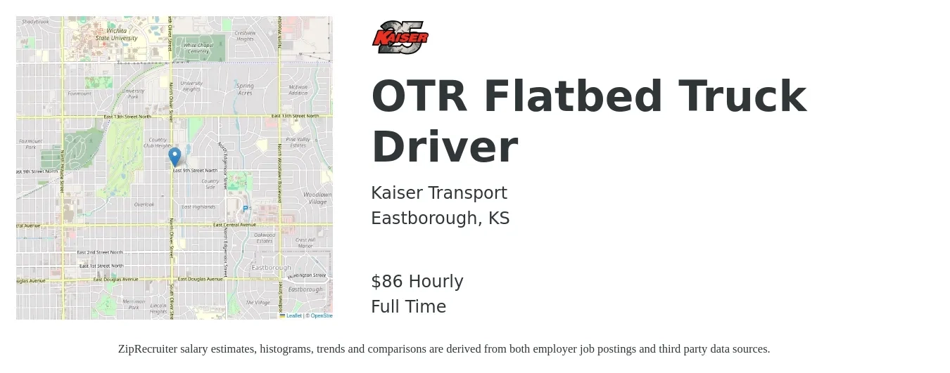 Kaiser Transport job posting for a OTR Flatbed Truck Driver in Eastborough, KS with a salary of $90 Hourly with a map of Eastborough location.