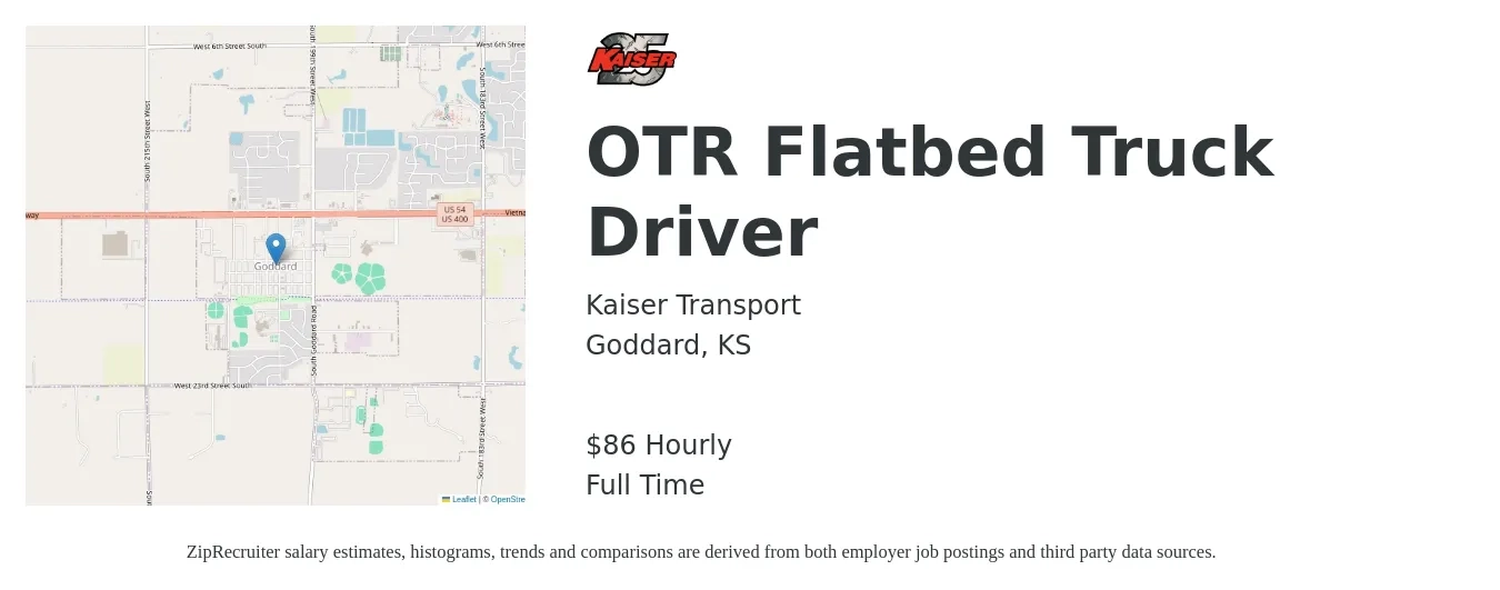 Kaiser Transport job posting for a OTR Flatbed Truck Driver in Goddard, KS with a salary of $90 Hourly with a map of Goddard location.